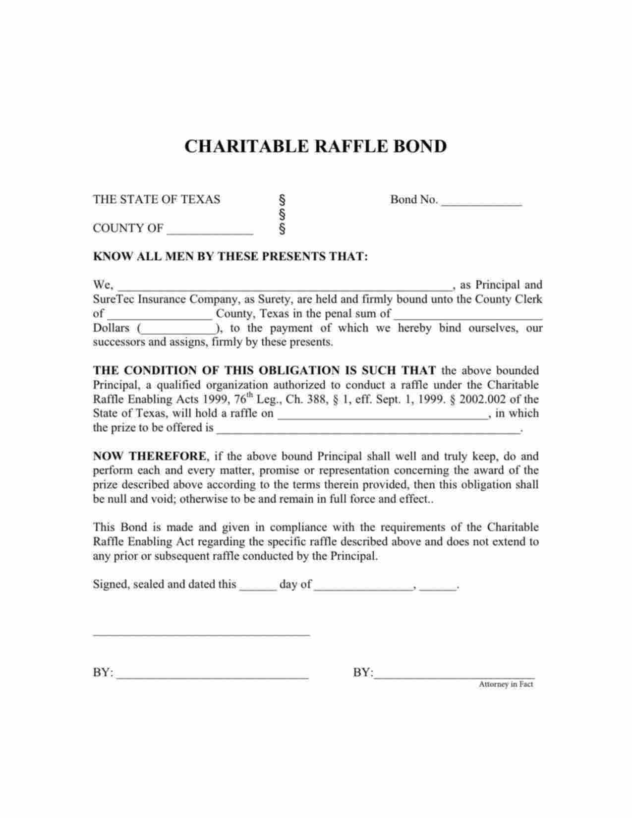 Texas Charitable Raffle Bond Form