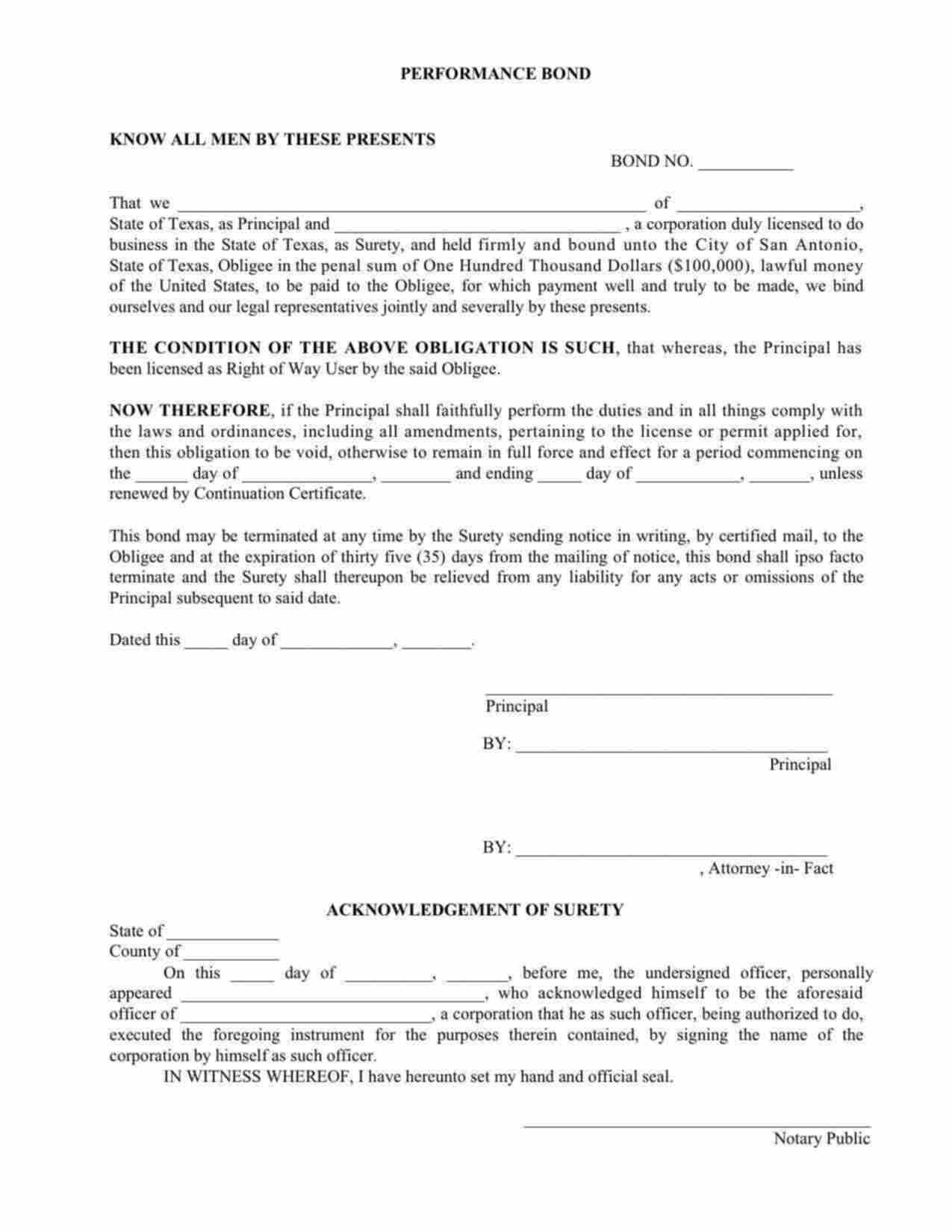 Texas Right of Way Performance Bond Form