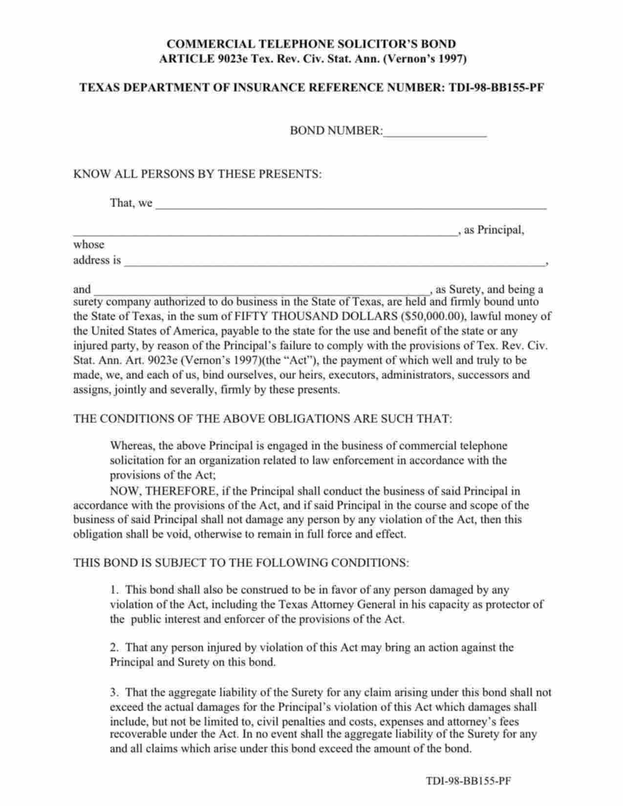 Texas Commercial Telephone Solicitor Bond Form