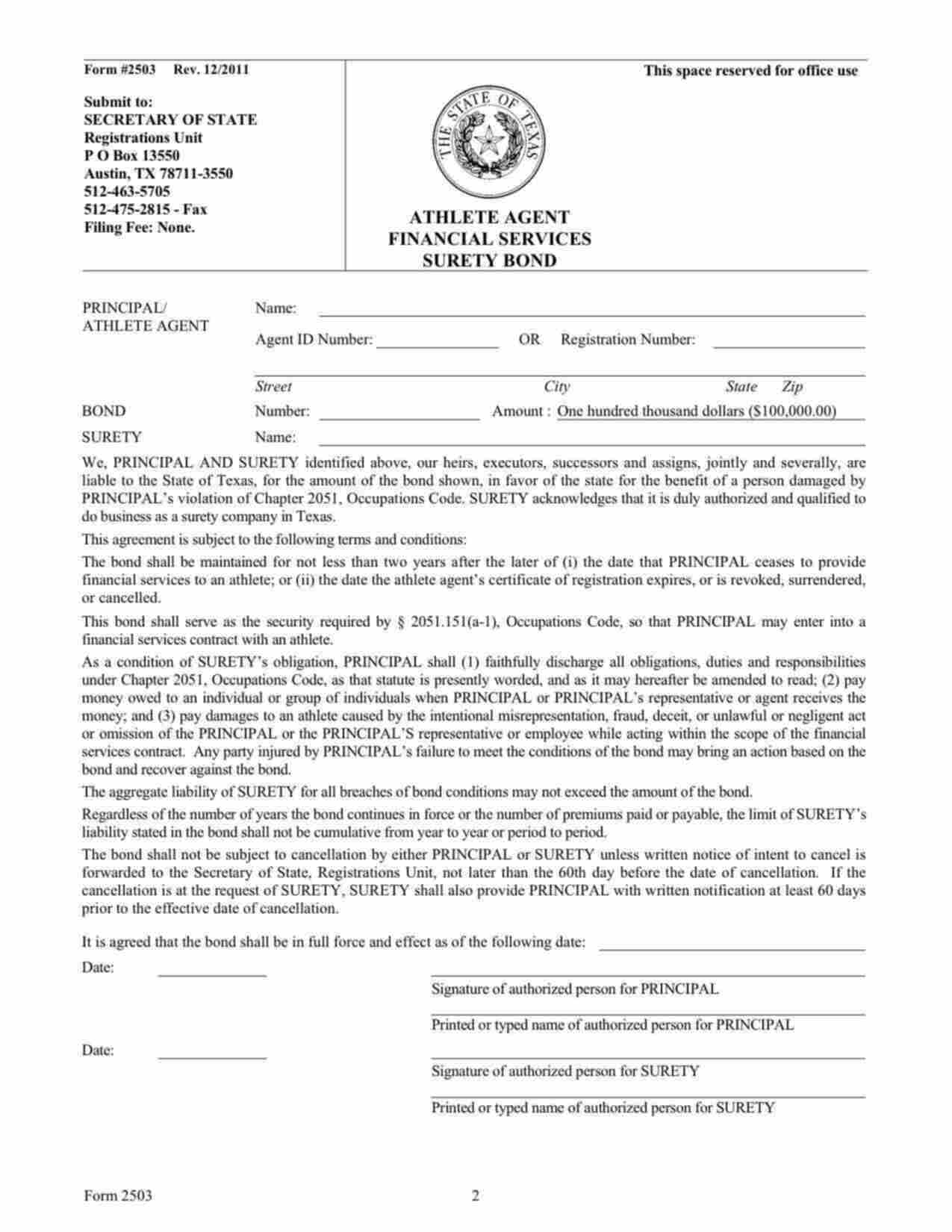 Texas Athlete Agent Financial Services Bond Form