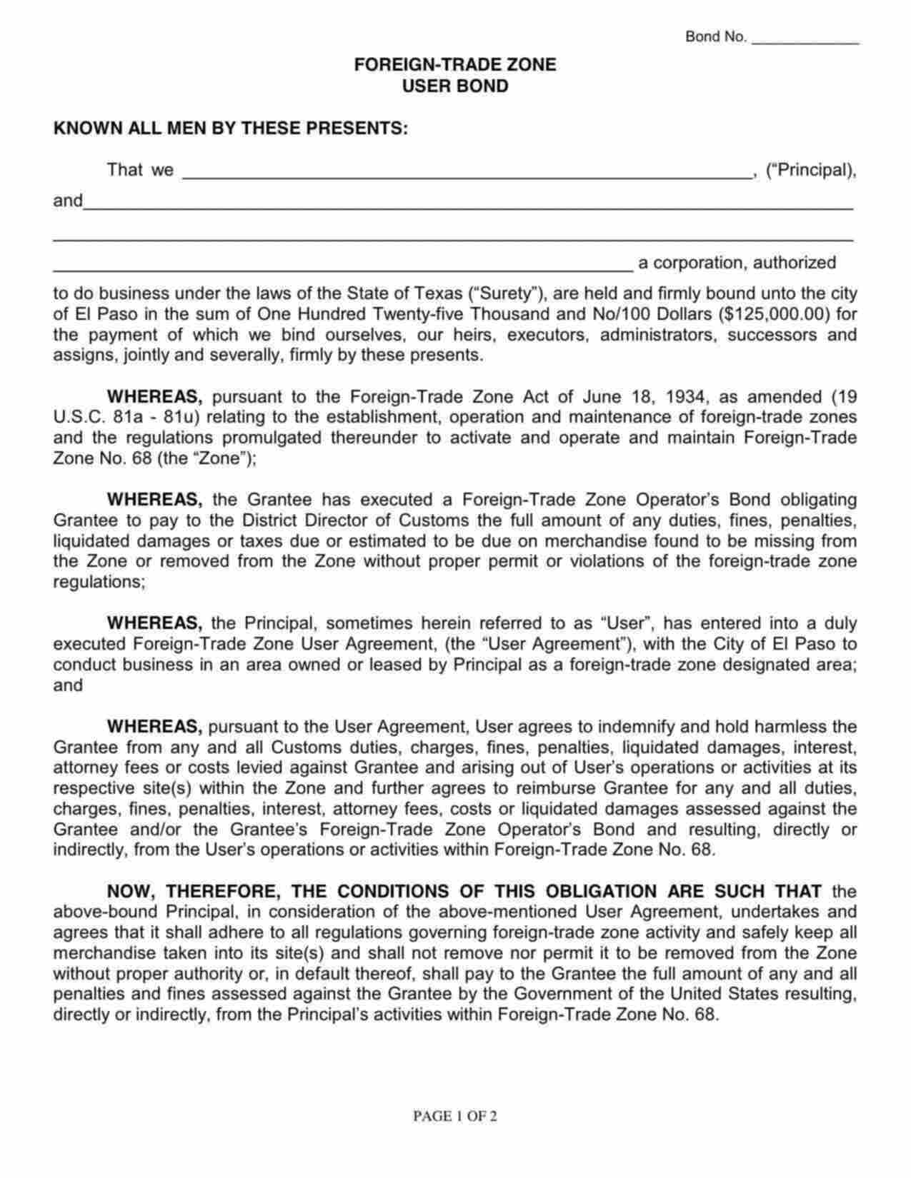 Texas Foreign Trade Zone User Bond Form