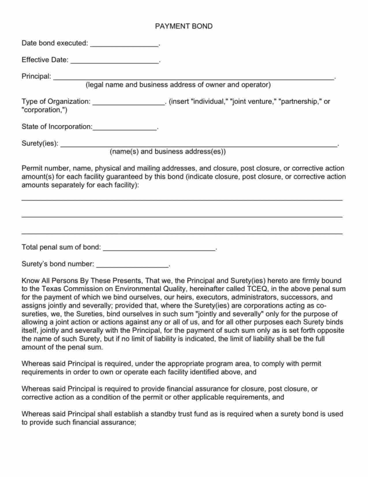 Texas Closure, Post Closure, or Corrective Action Payment Bond Form