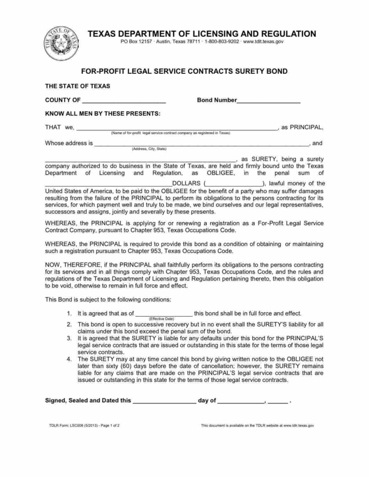 Texas For-Profit Legal Service Contracts Bond Form