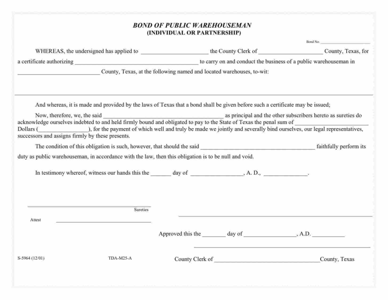 Texas Public Warehouseman (Individual or Partnership) Bond Form