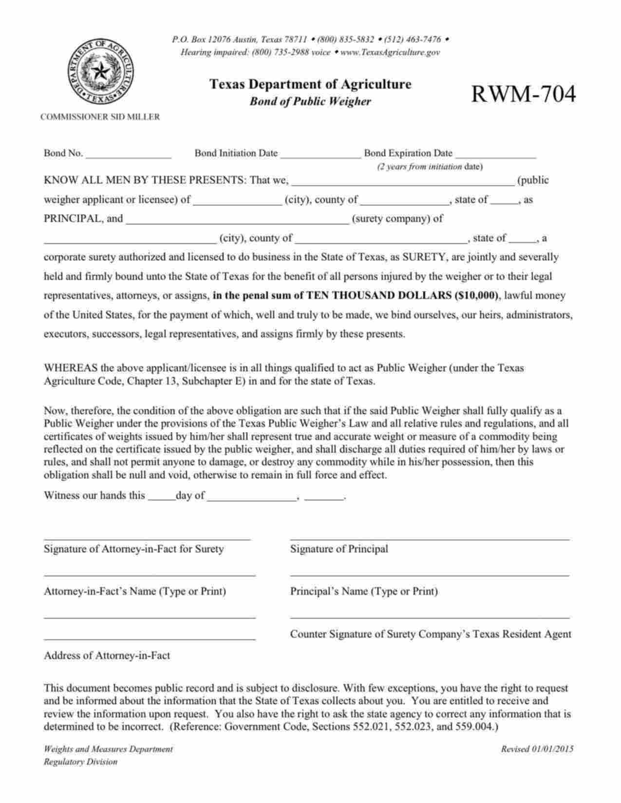 Texas Public Weigher Bond Form