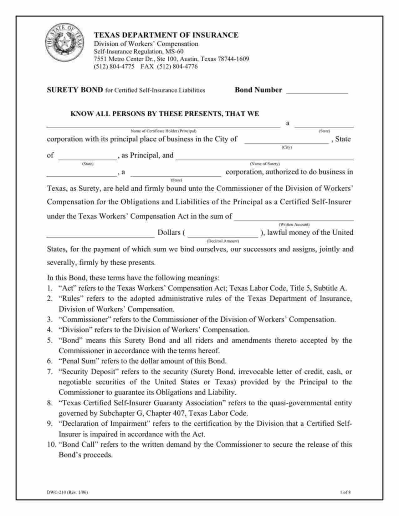 Texas Self-Insurance Workers' Compensation Bond Form