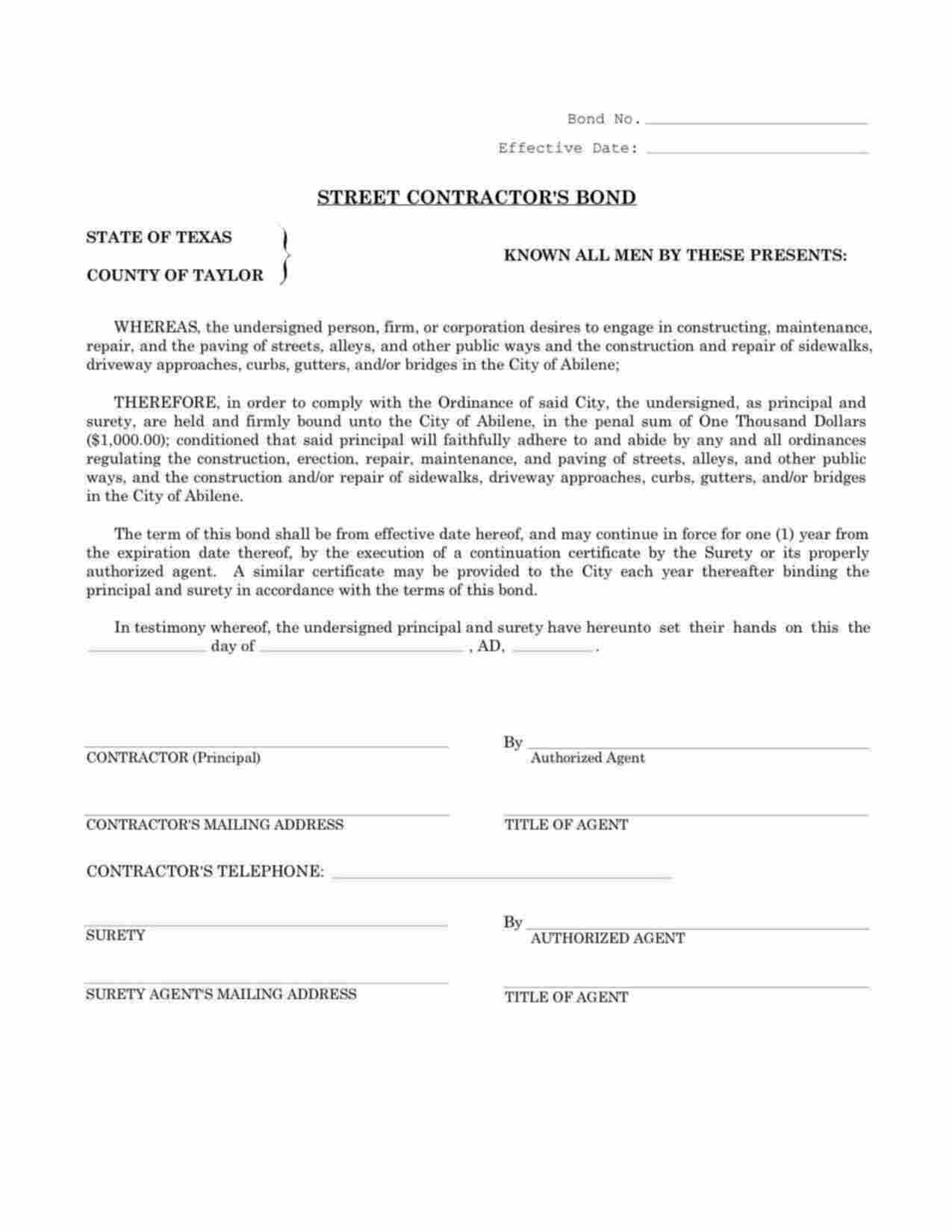 Texas Street Contractor Bond Form