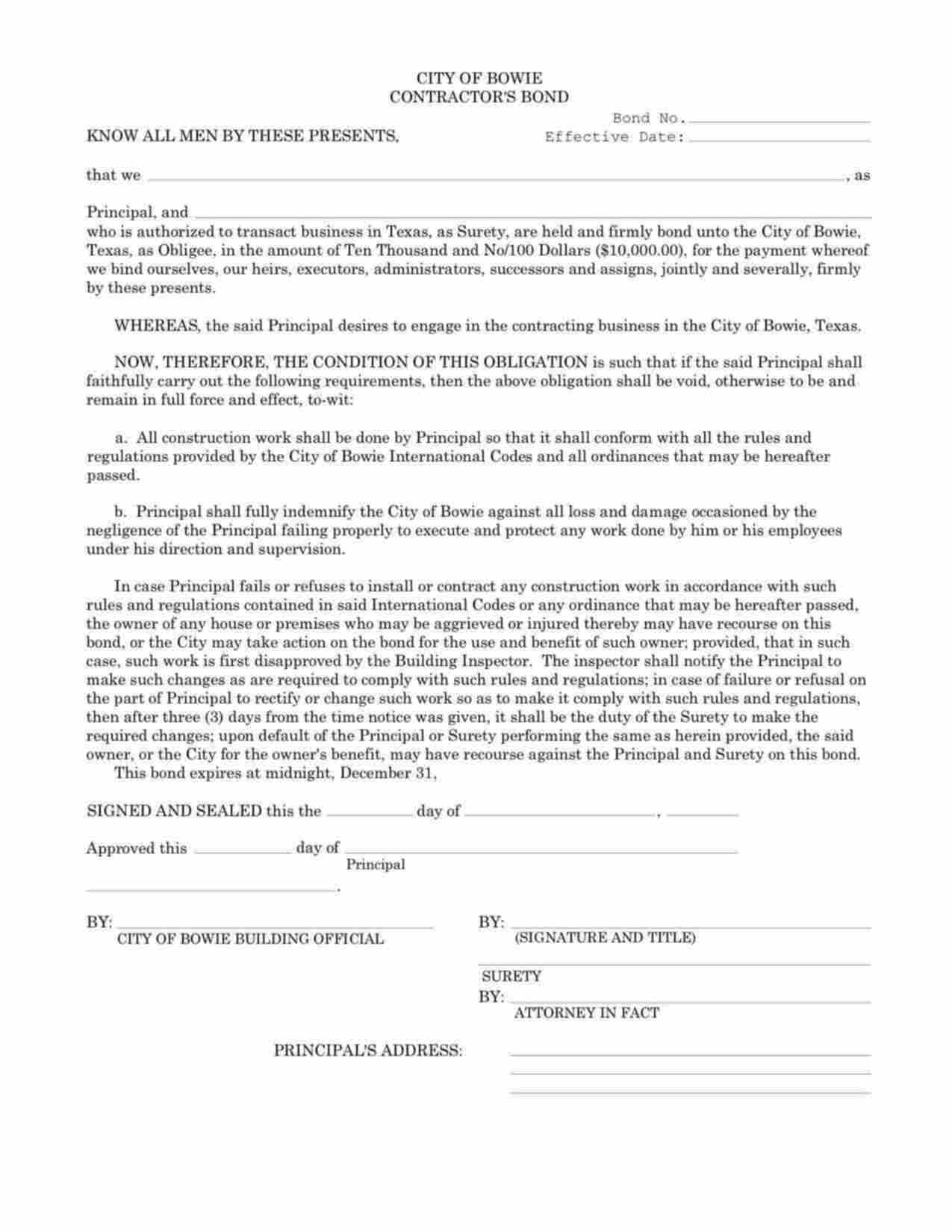 Texas Contractor Bond Form