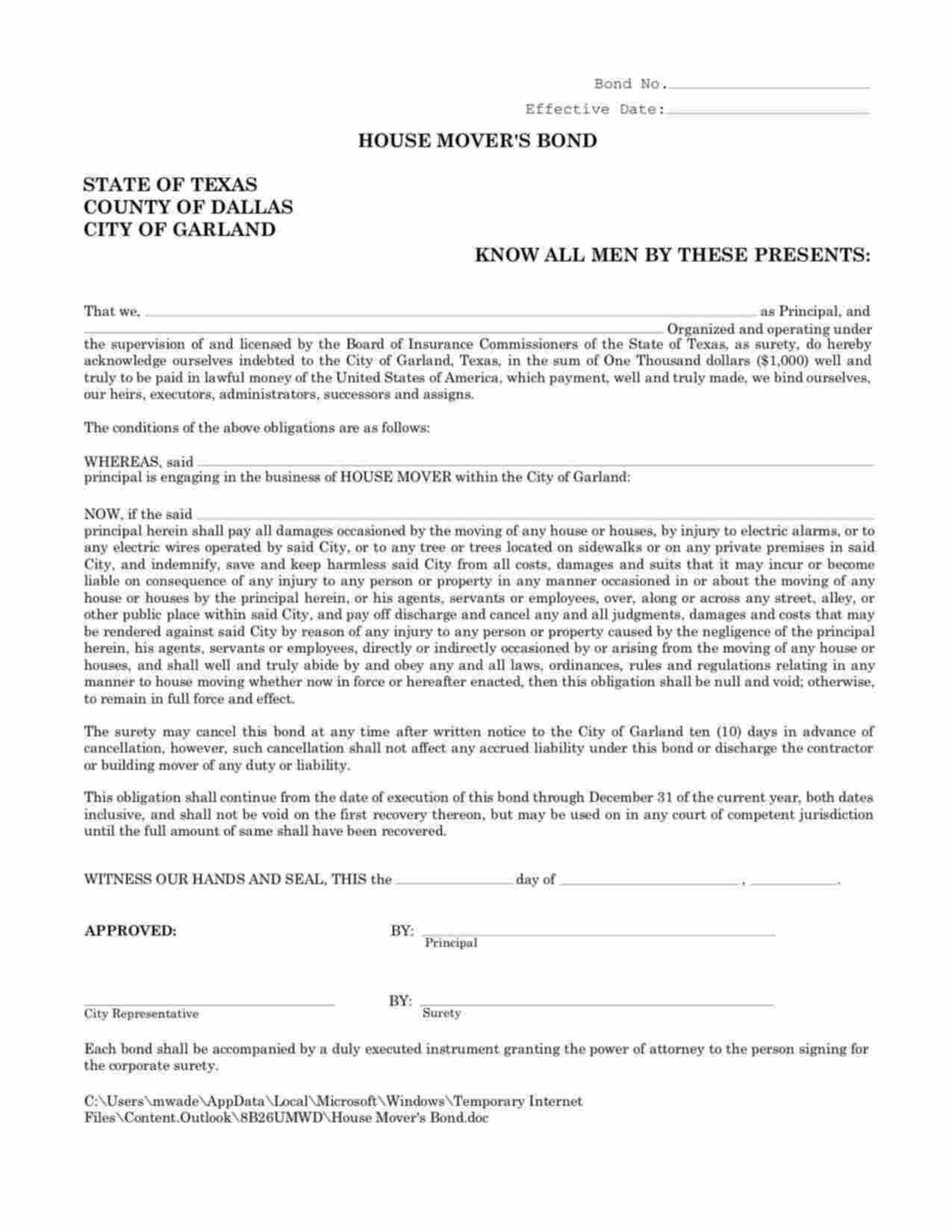 Texas House Mover Bond Form