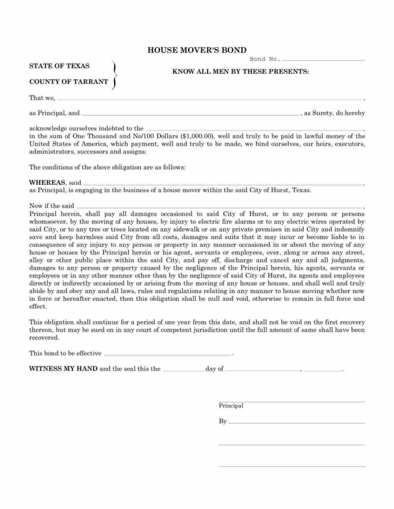 Texas House Mover Bond Form