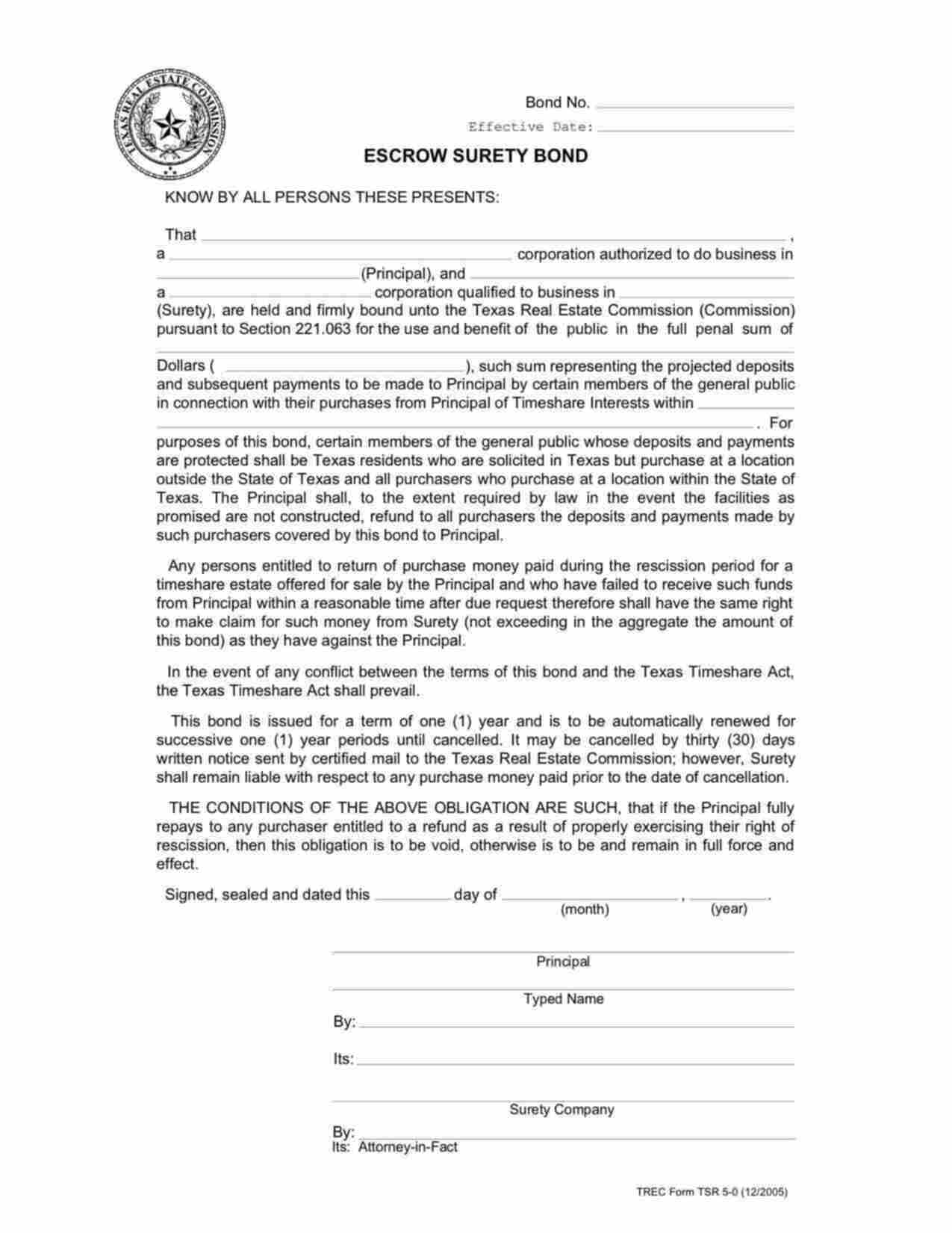 Texas Escrow (Timeshare Interests) Bond Form