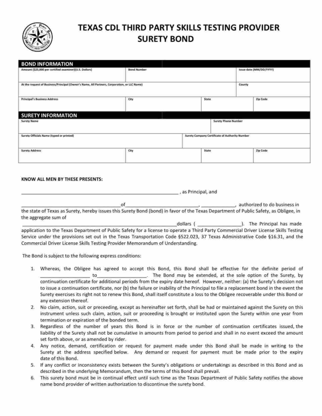 Texas Commercial Driver License (CDL) Third Party Tester Bond Form