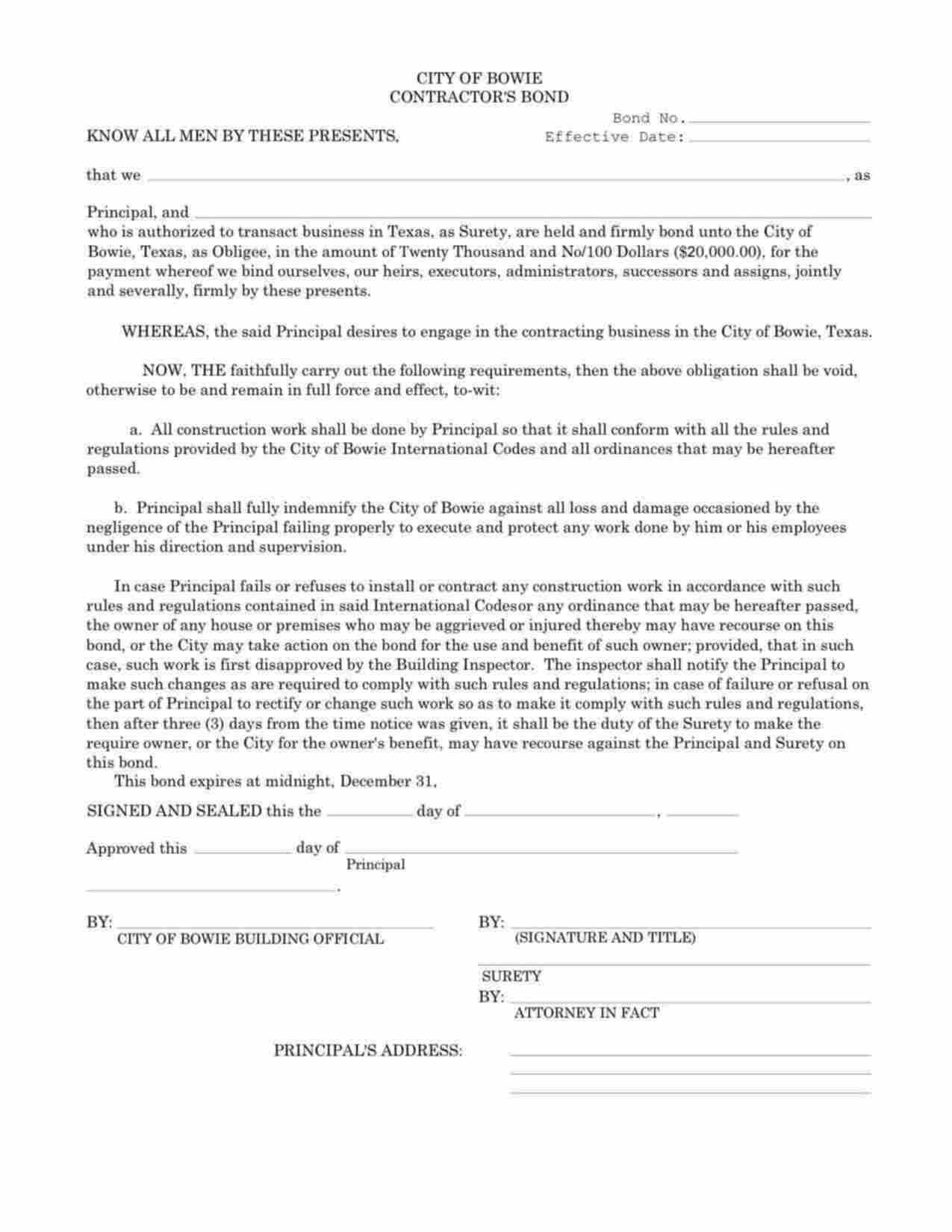 Texas Contractor Bond Form