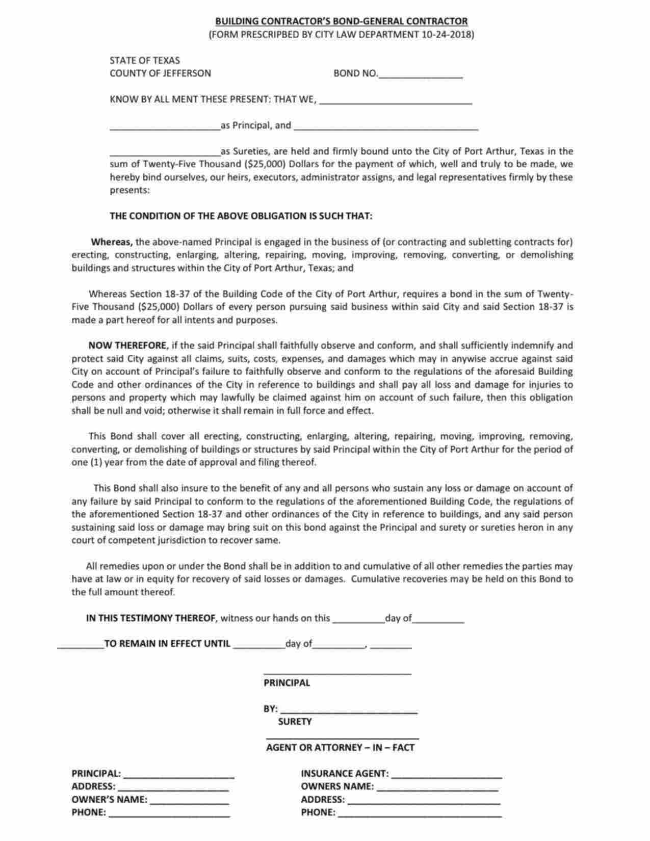 Texas Building Contractor - Commercial Bond Form