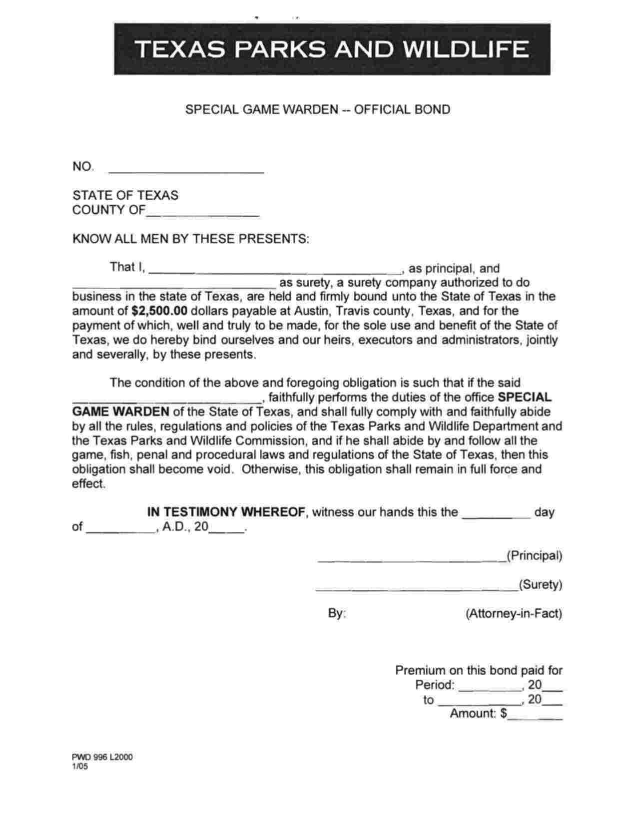 Texas Special Game Warden Bond Form