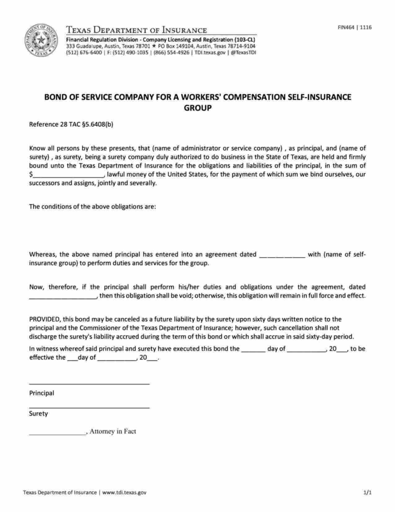 Texas Service Company for a Workers' Compensation Self-Insurance Group Bond Form