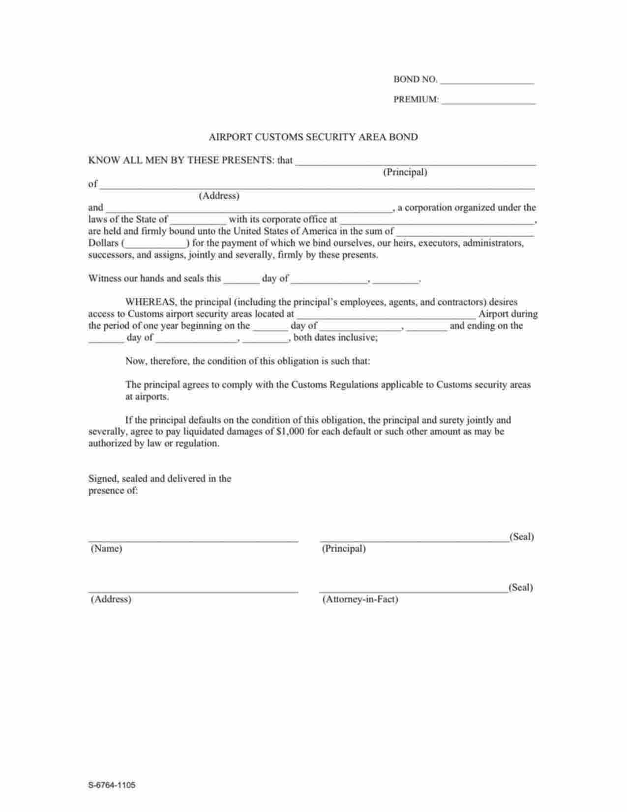 Federal Airport Customs Security Area Bond Form