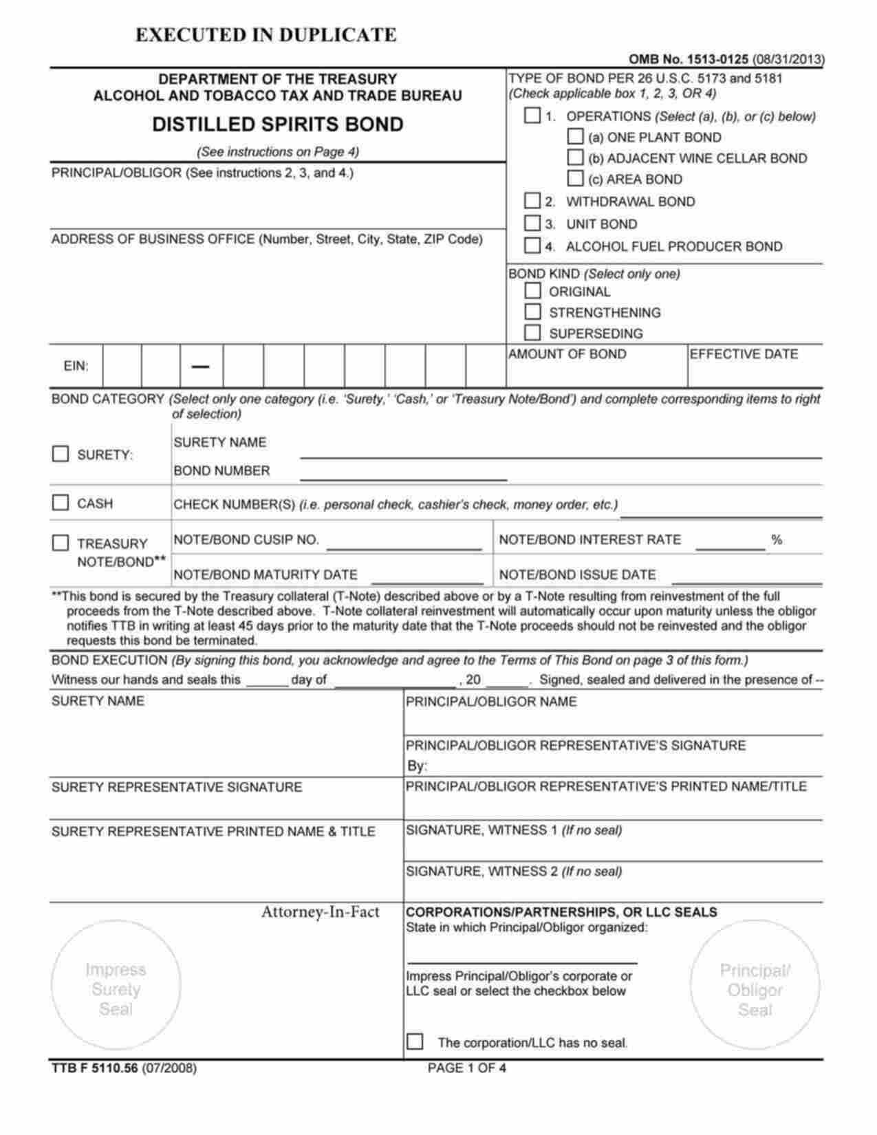 Federal Distilled Spirits Bond Form