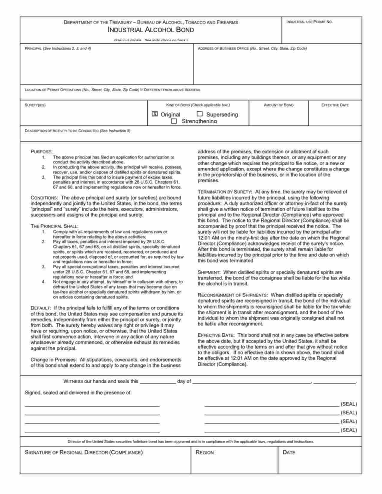 Federal Industrial Alcohol Bond Form