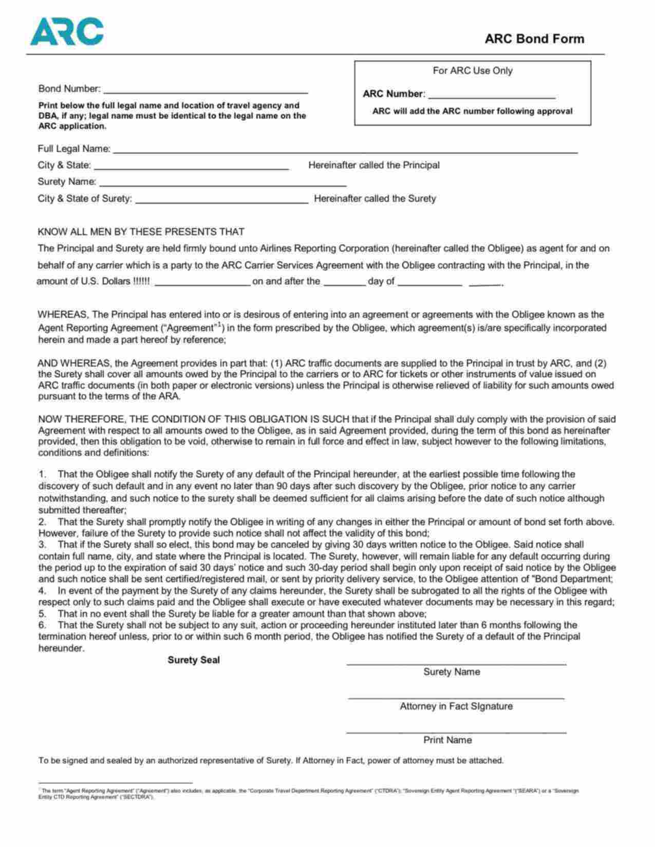 Federal Travel Agency Reporting (ARC) Bond Form