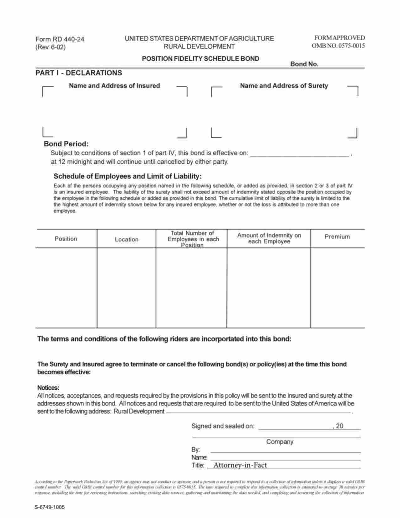 Federal RD 440-24 Position Fidelity Bond Form