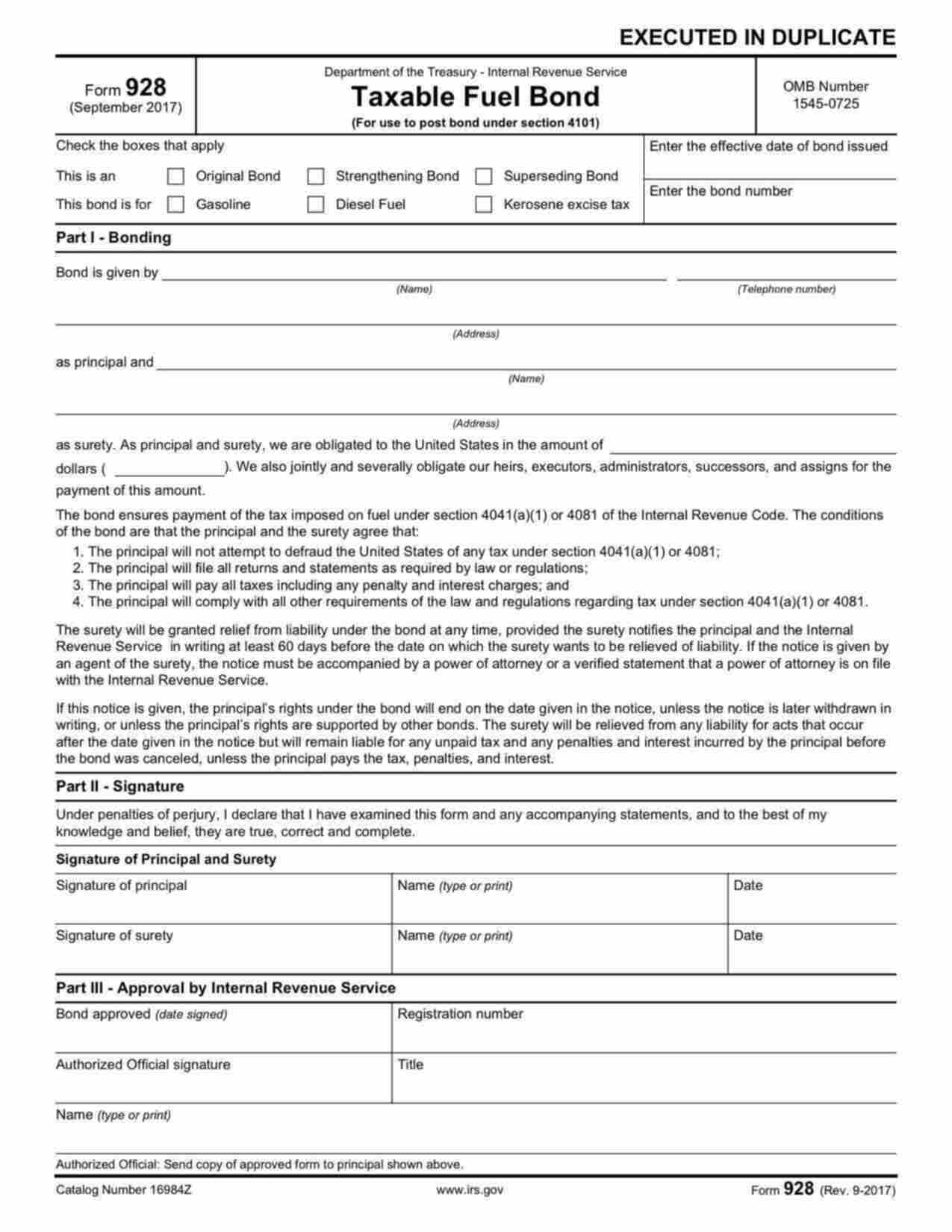 Federal Taxable Fuel Bond: Gasoline Bond Form