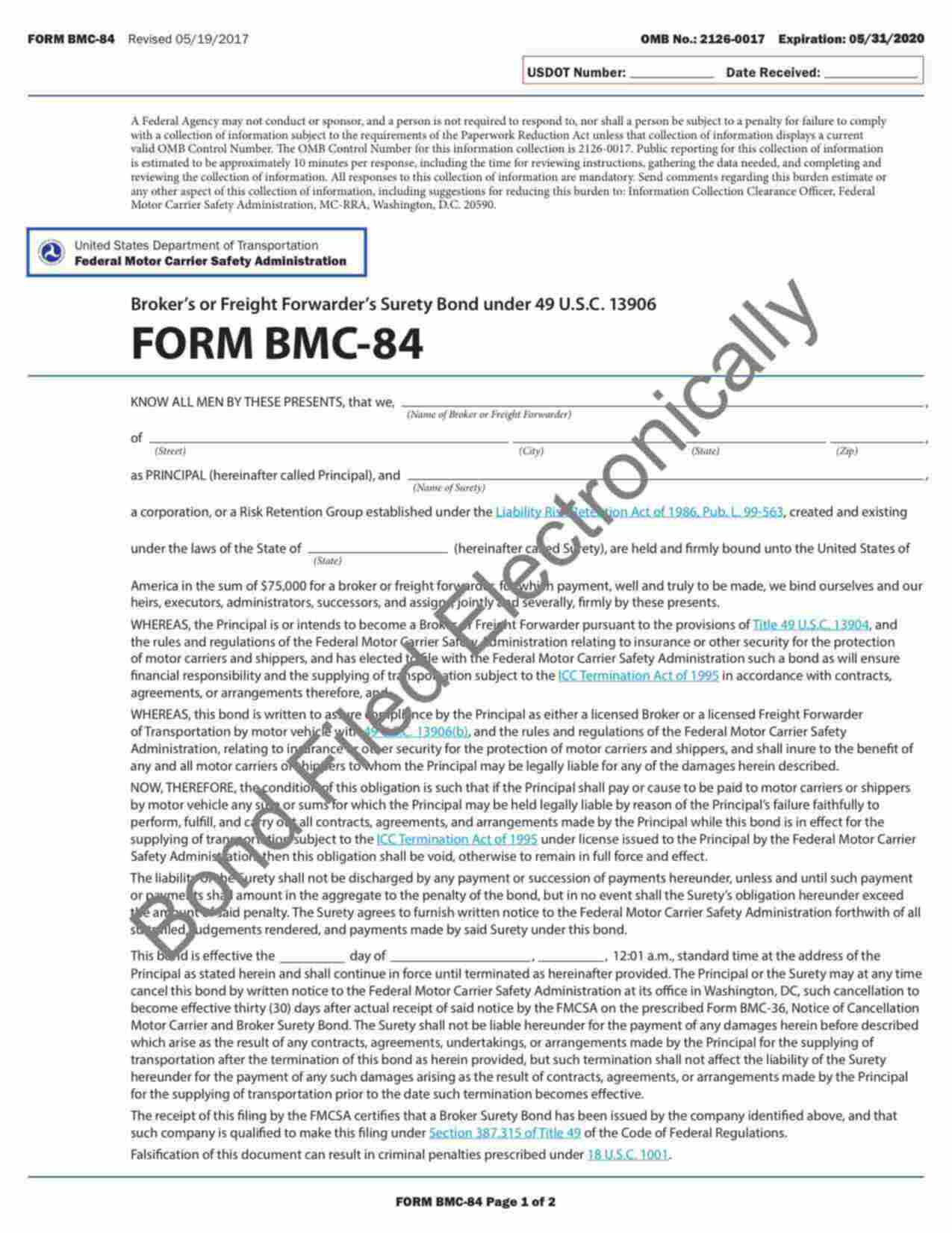 Arizona Property Broker or Freight Forwarder BMC-84 (ICC Broker) Bond Form