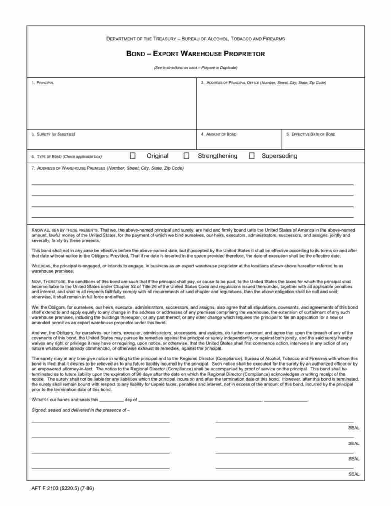 Federal Export Warehouse Proprietor Bond Form