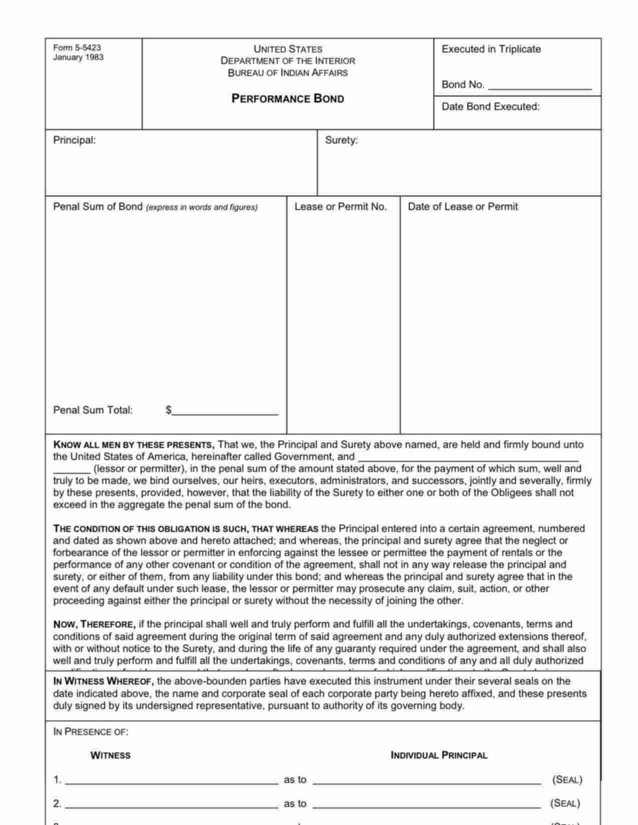 Federal Indian Lease or Permit Bond Form