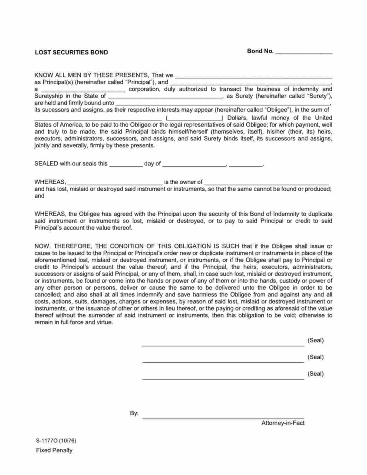 Arkansas Lost Security: Fixed Penalty Bond Form