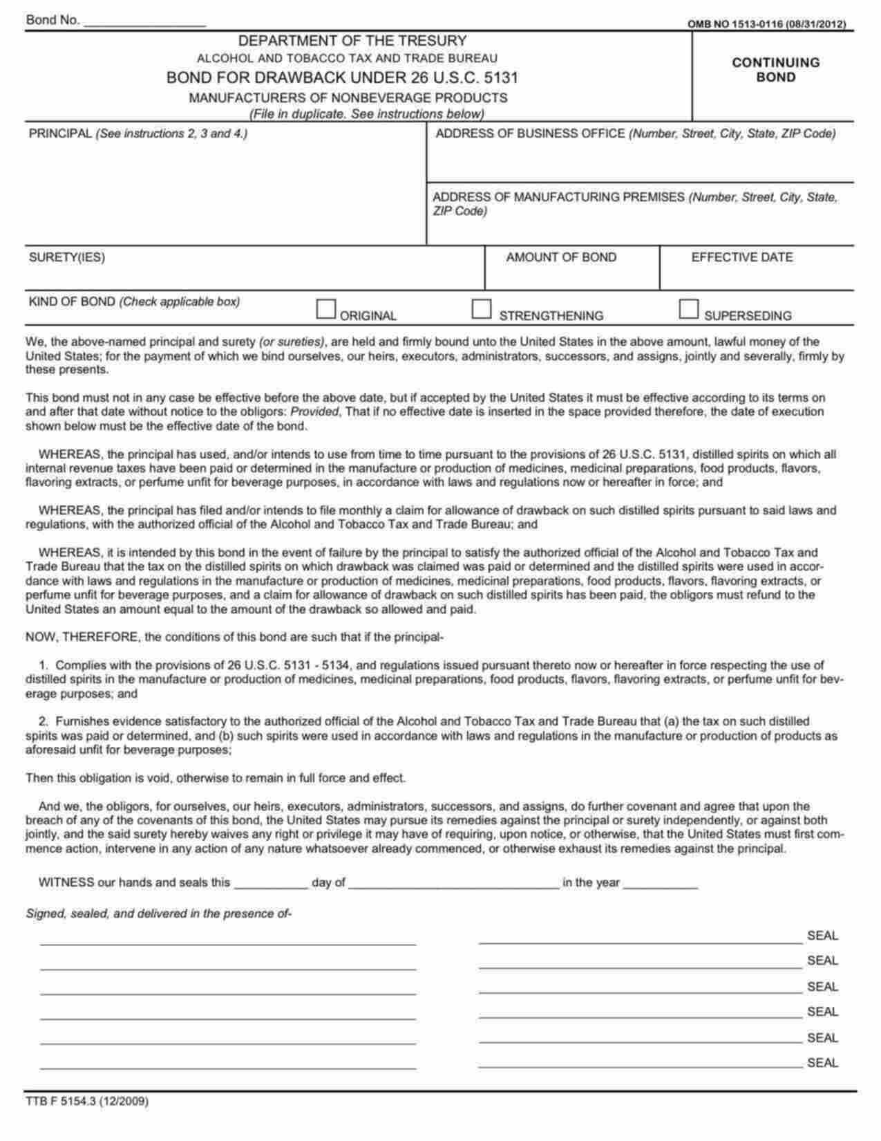 Federal Manufacturers of Nonbeverage Products Drawback Bond Form