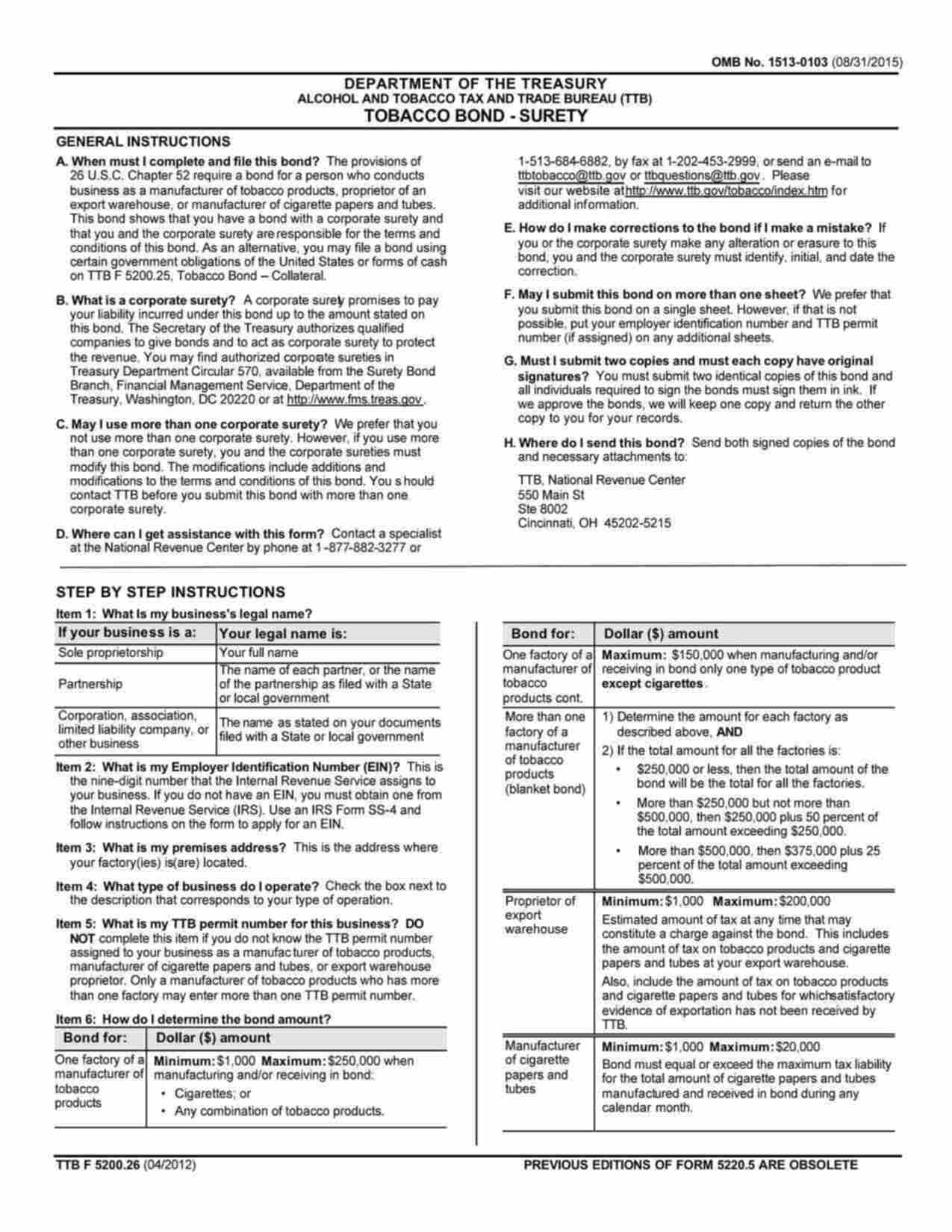 Federal Tobacco Bond - Manufacturer of Tobacco Products Bond Form