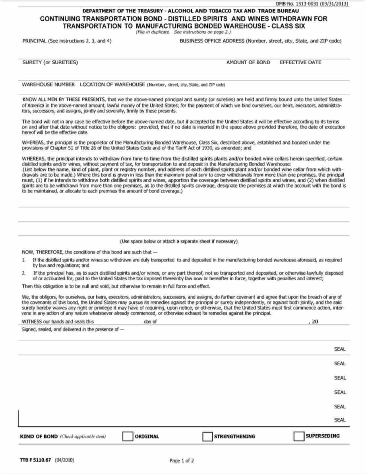 Federal Distilled Spirits and Wines Transportation to Manufacturing Bonded Warehouse - Continuing Transportation Bond Form