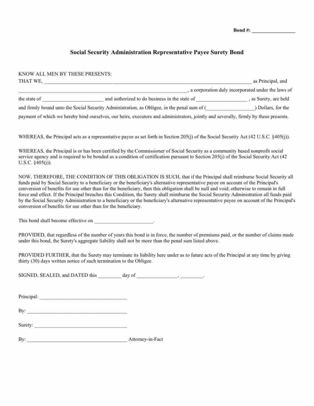 Federal Social Security Administration Representative Payee Bond Form