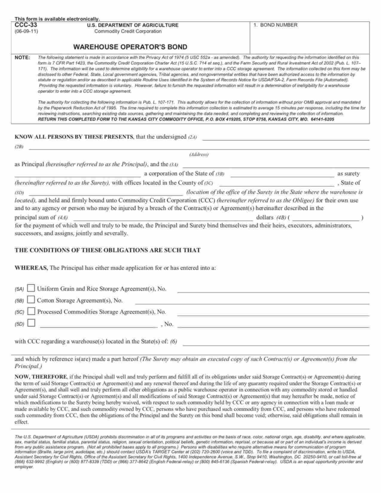 Federal Warehouse Operator: Grain and Rice, Cotton, and Processed Commodities Bond Form