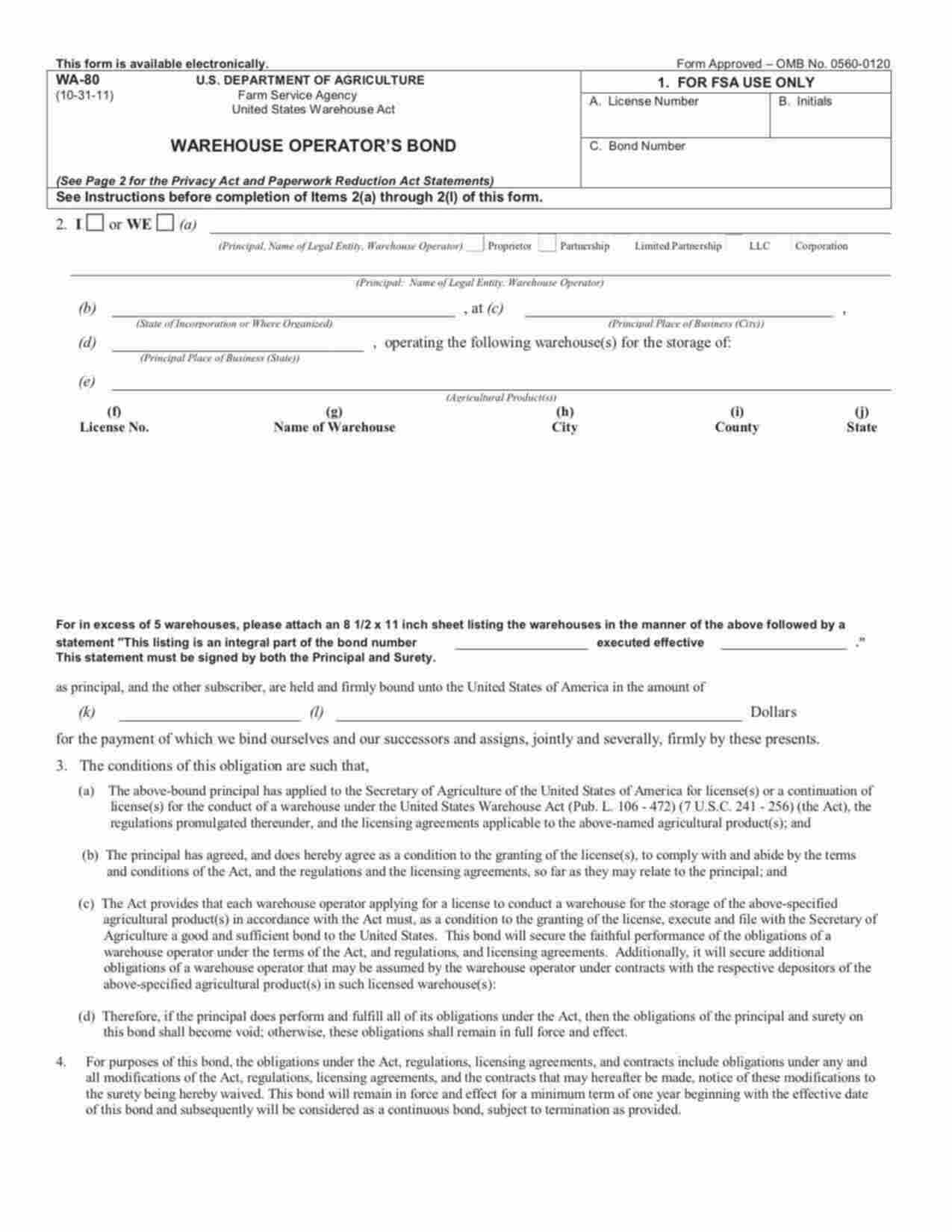 Federal Warehouse Operator: Other Agricultural Products Bond Form