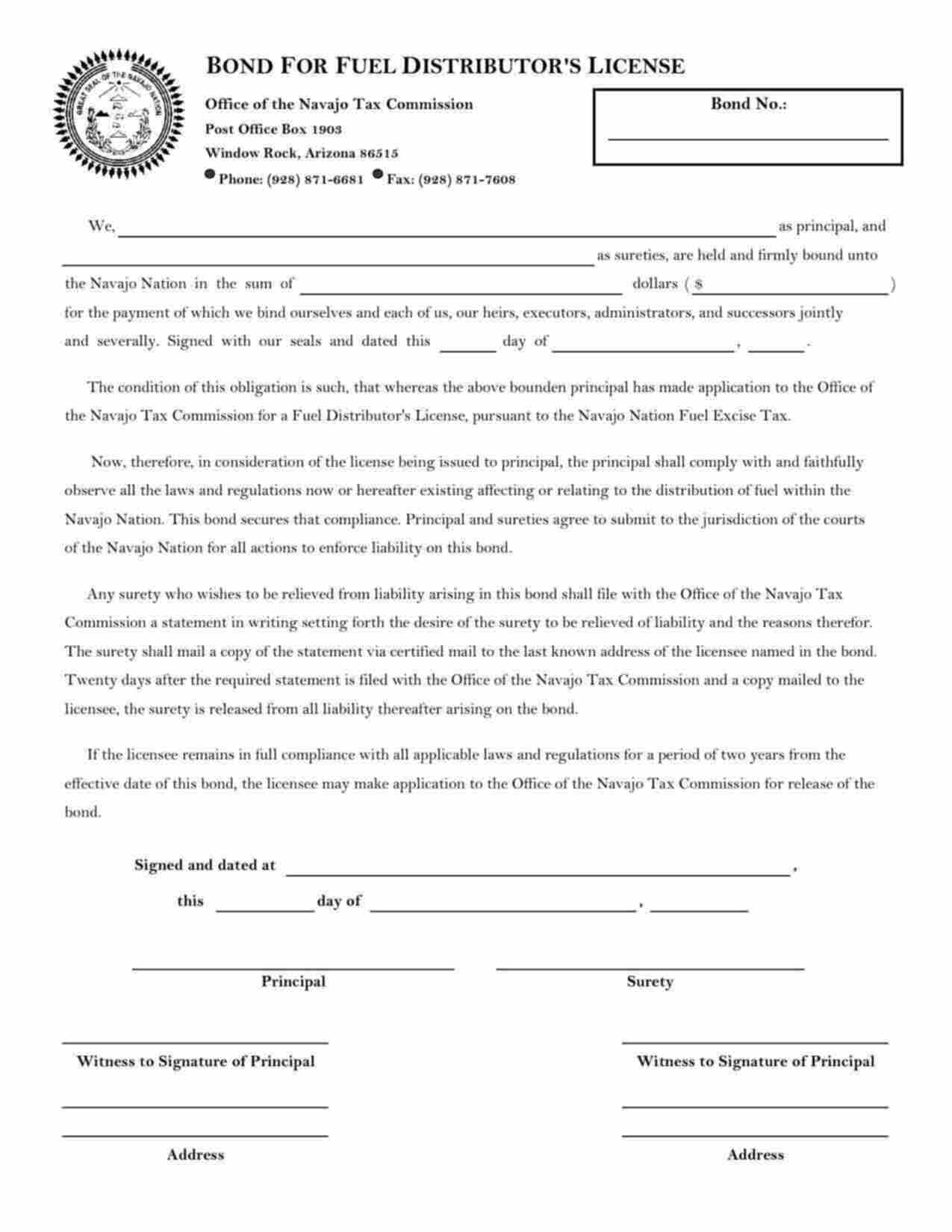 Federal Fuel Distributor's License Bond Form