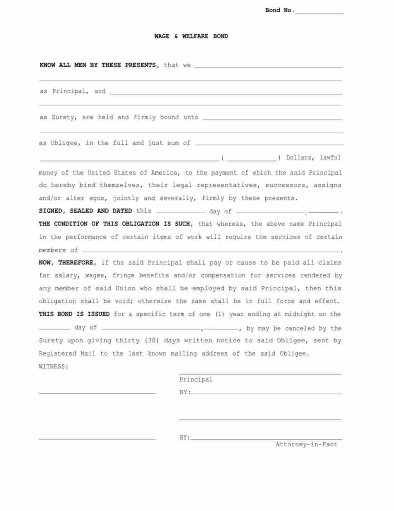 Tennessee Wage and Welfare Bond Form