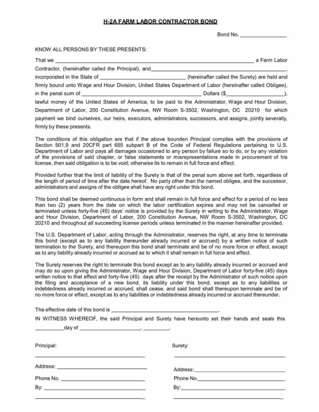 Federal H-2A Farm Labor Contractor Bond Form