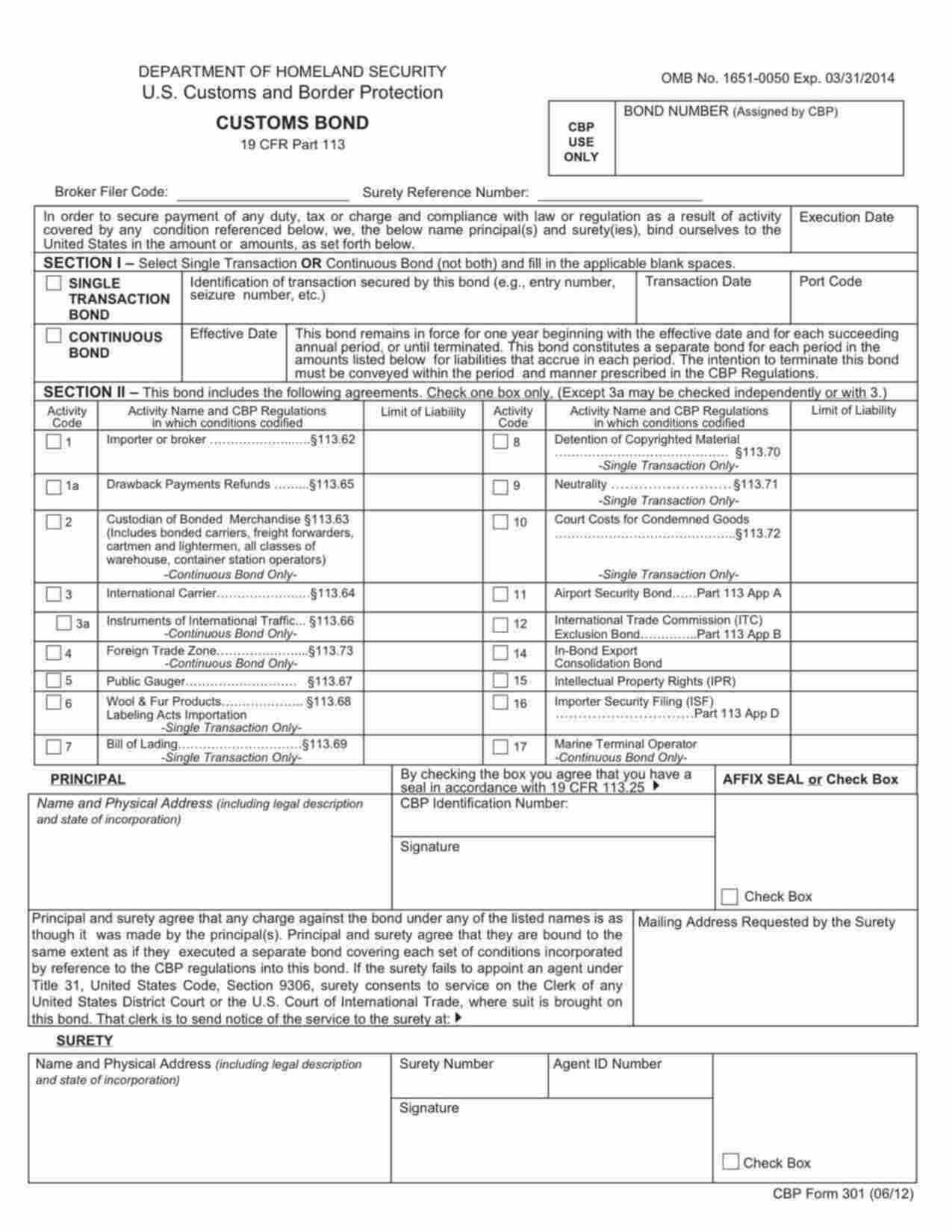 Federal Customs Bond Form