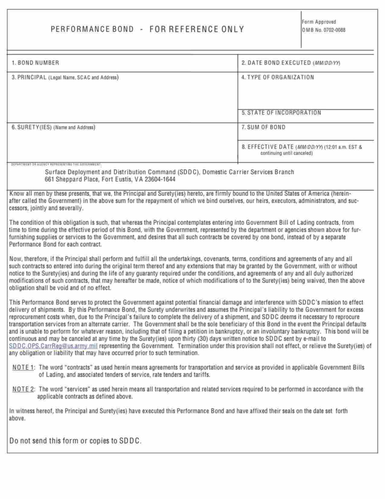 Federal SDDC Performance Bond Form