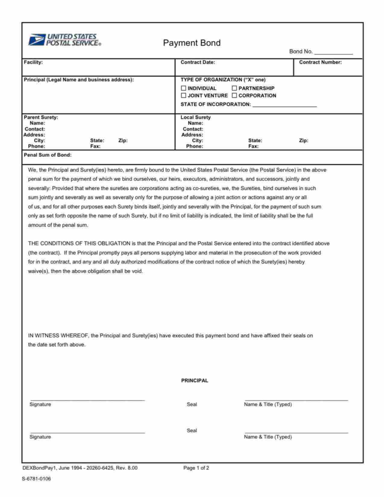 Federal Postal Service Payment Bond Form