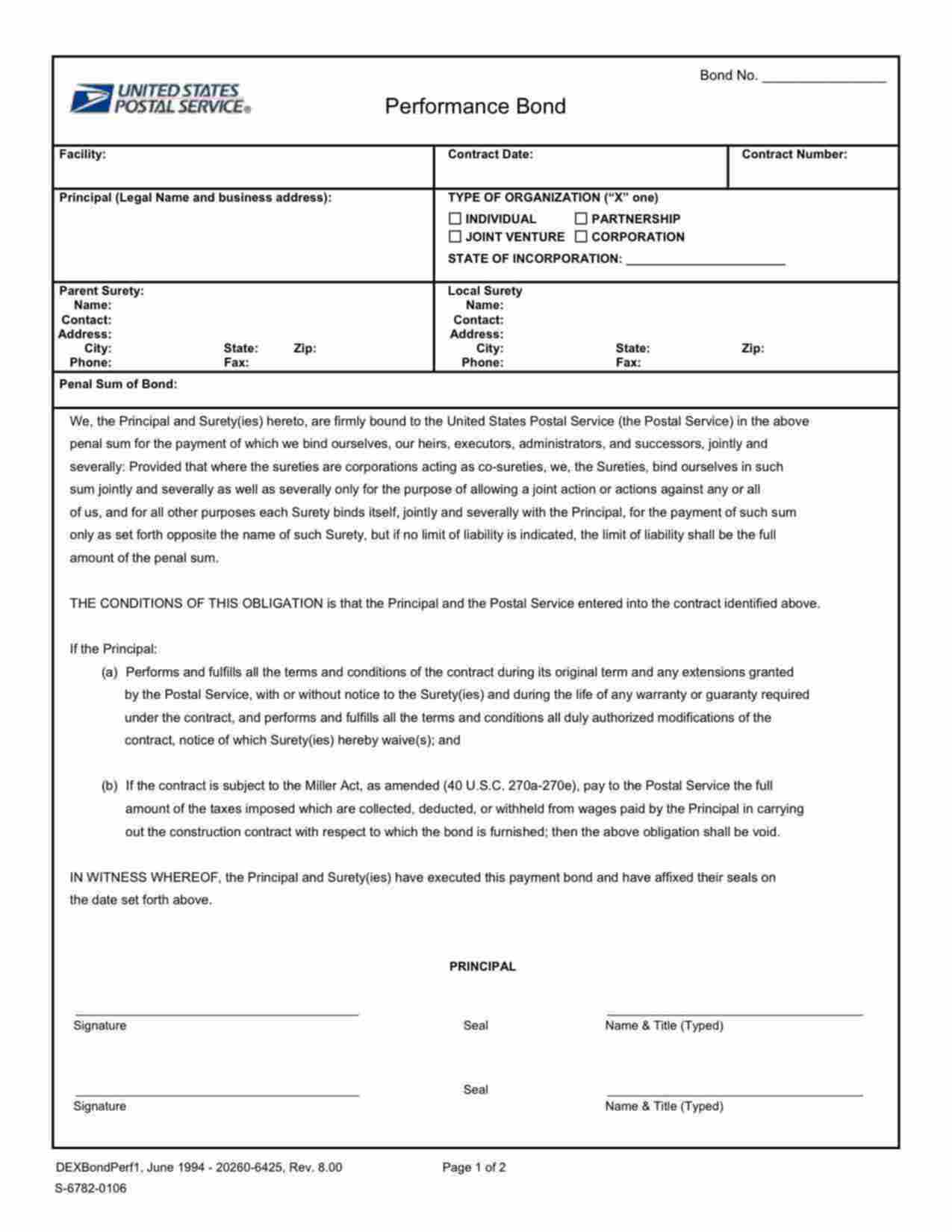 Federal Postal Service Performance Bond Form