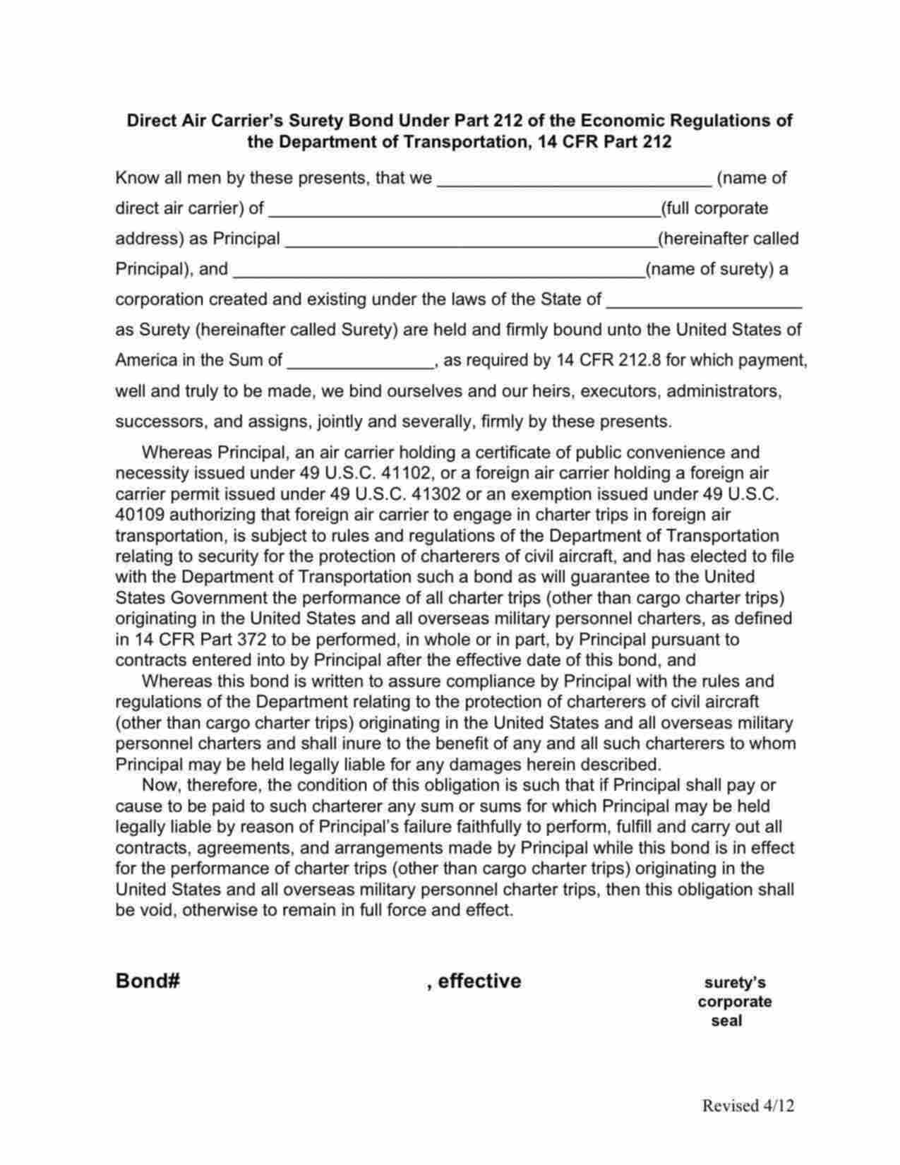 Federal Direct Air Carrier's Bond Form