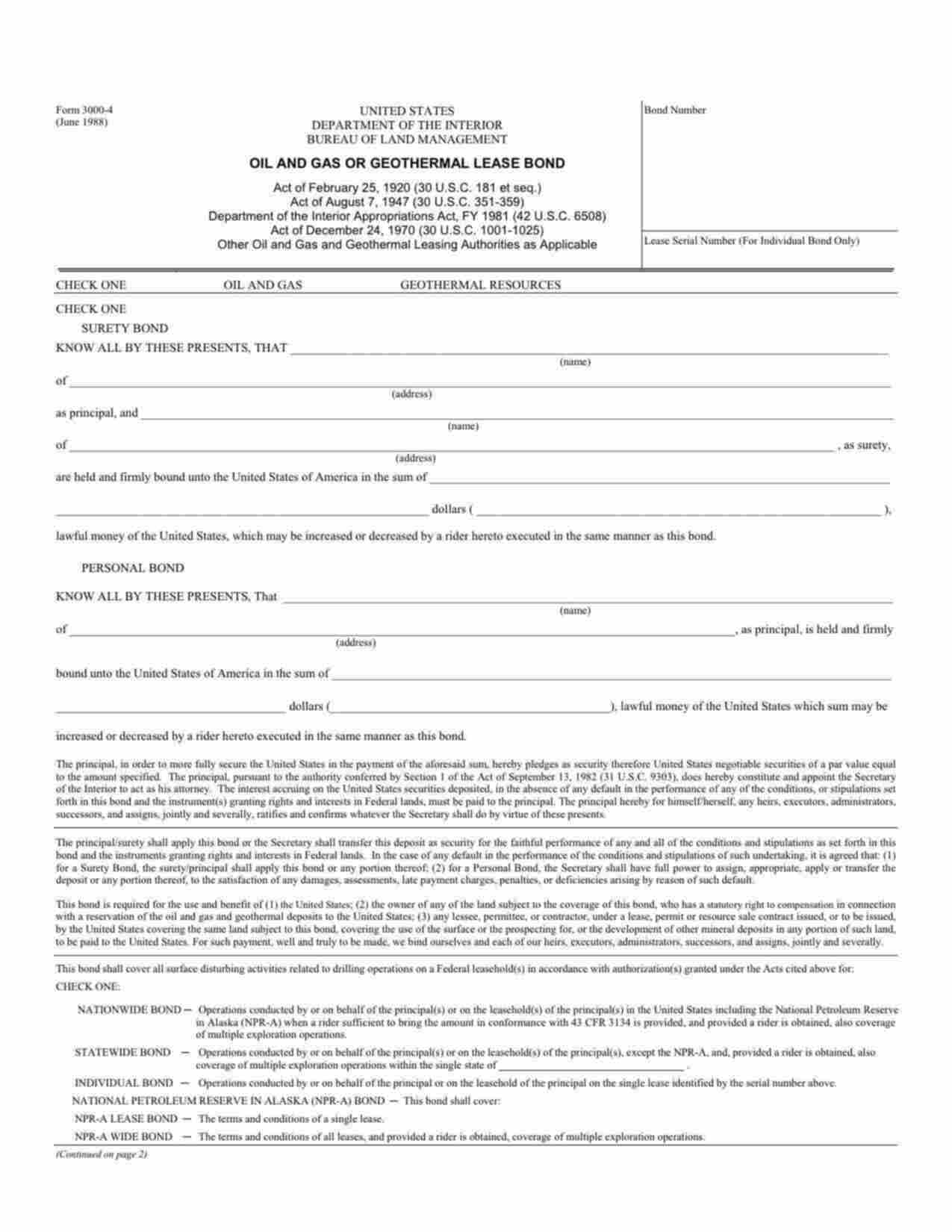 Federal Oil and Gas Lease Bond Form