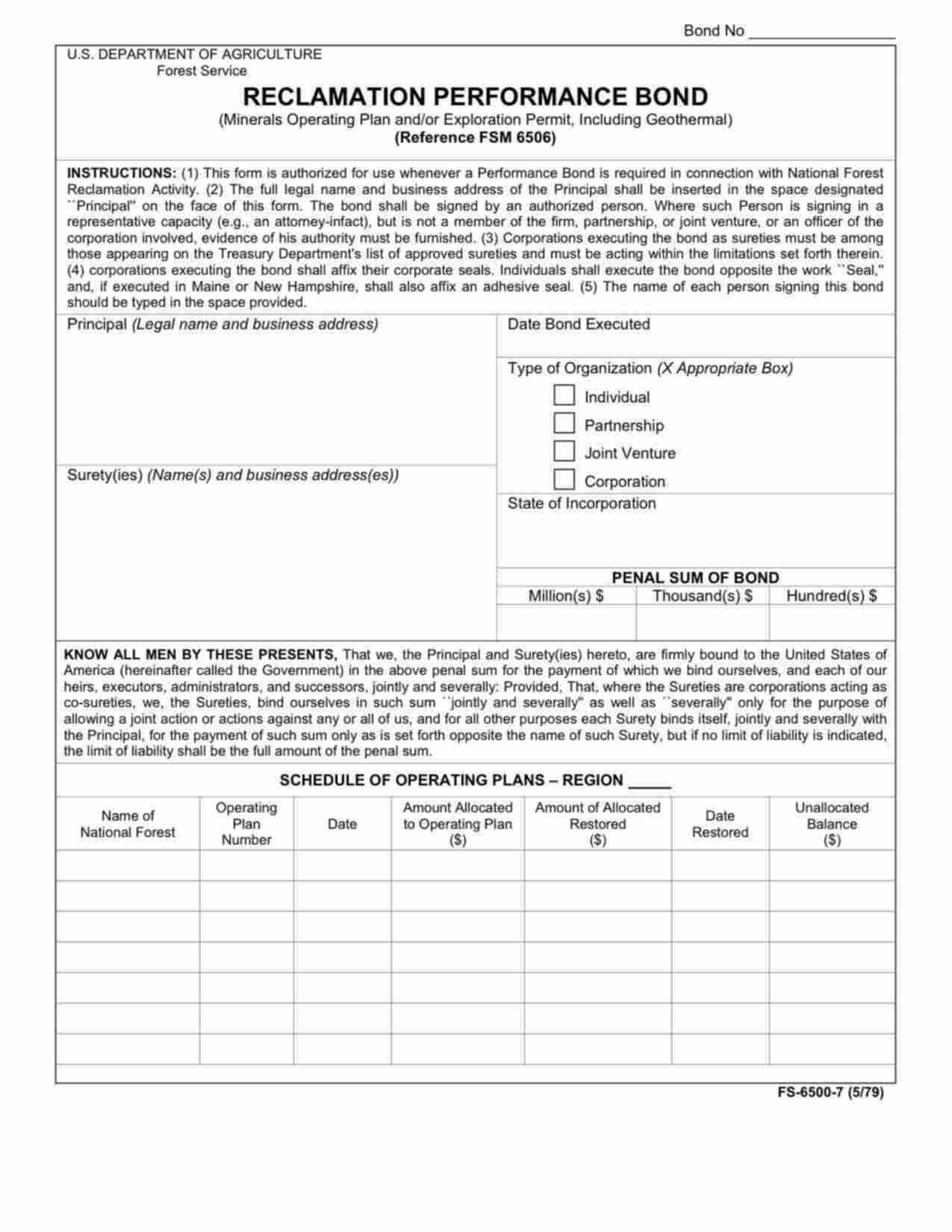 Federal Reclamation Performance (National Forest) Bond Form