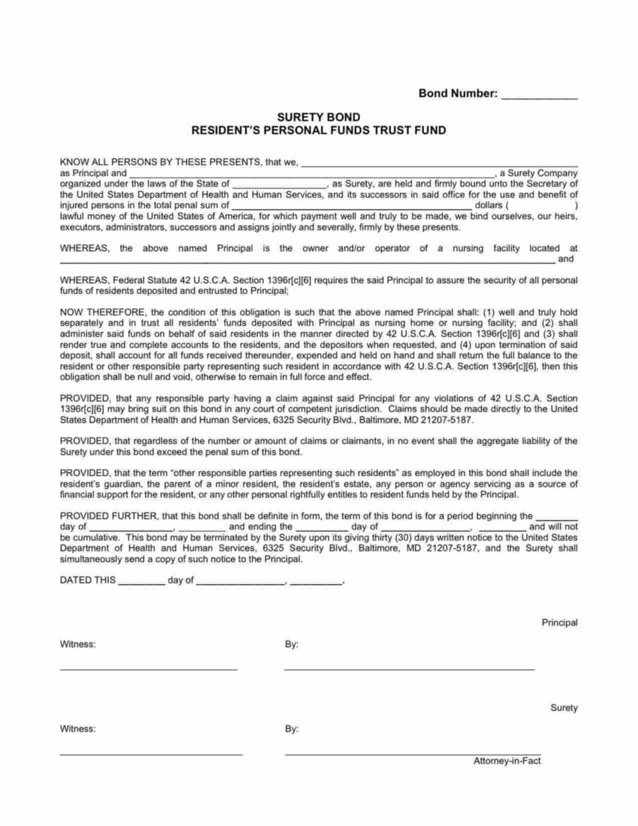 Federal Resident's Personal Funds Trust Fund Bond Form