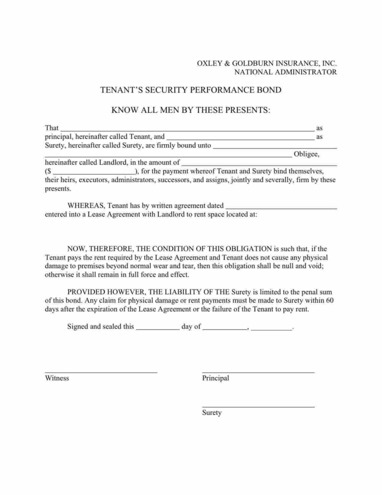 Federal Tenant's Security Performance Bond Form