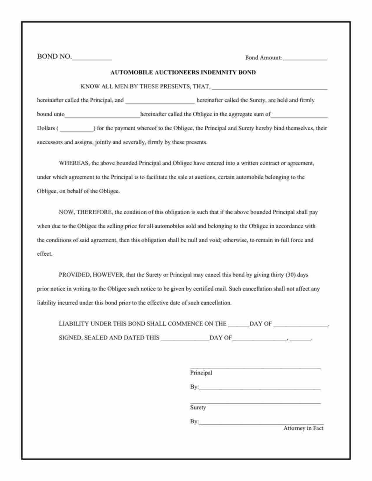 New Jersey Automobile Auctioneers Indemnity Bond Form