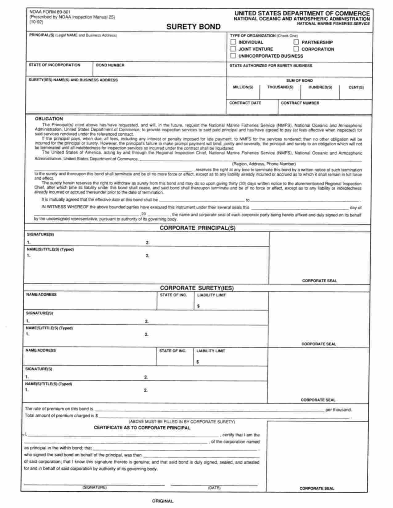 Federal Payment of Inspection Fees (NOAA Form 89-801) Bond Form